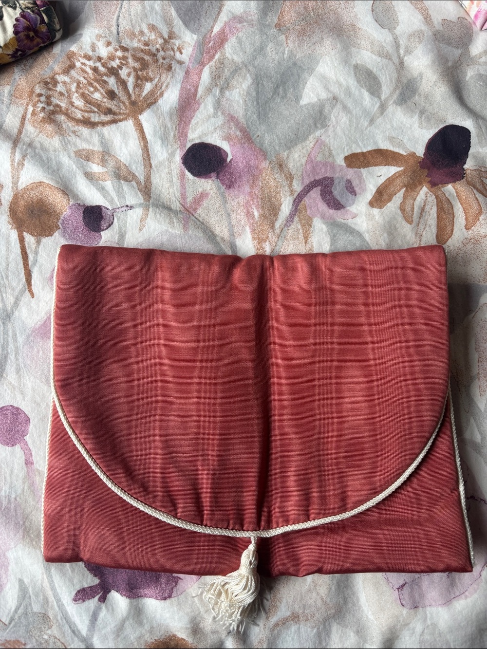 Merle Norman Coral Satin Envelope Bag with Ivory Tassel